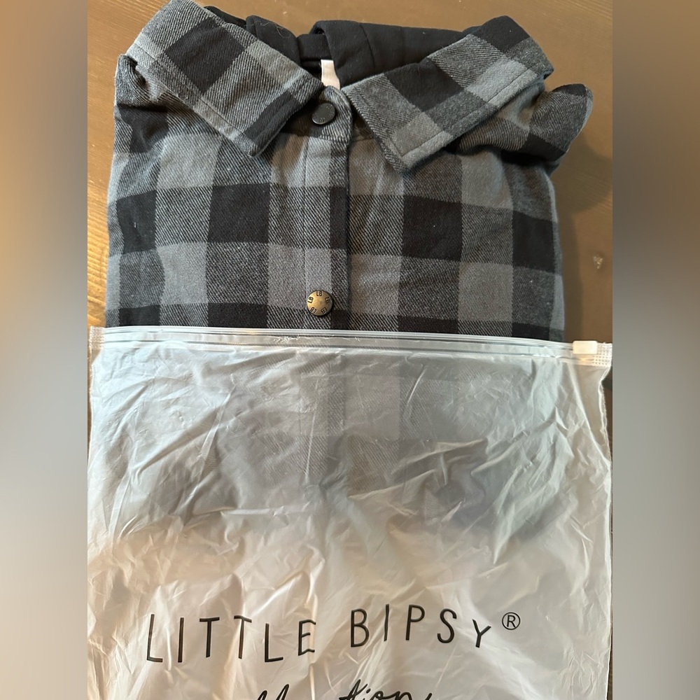 Little Bipsy Black and Gray Plaid Hooded Shirt Jacket- Adult XL